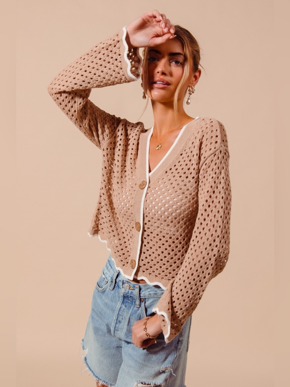 SO ME Open Knit Light Weight Sweater Cardigan With Contrast Wavy Scallop Edge - Picture 8 of 11
